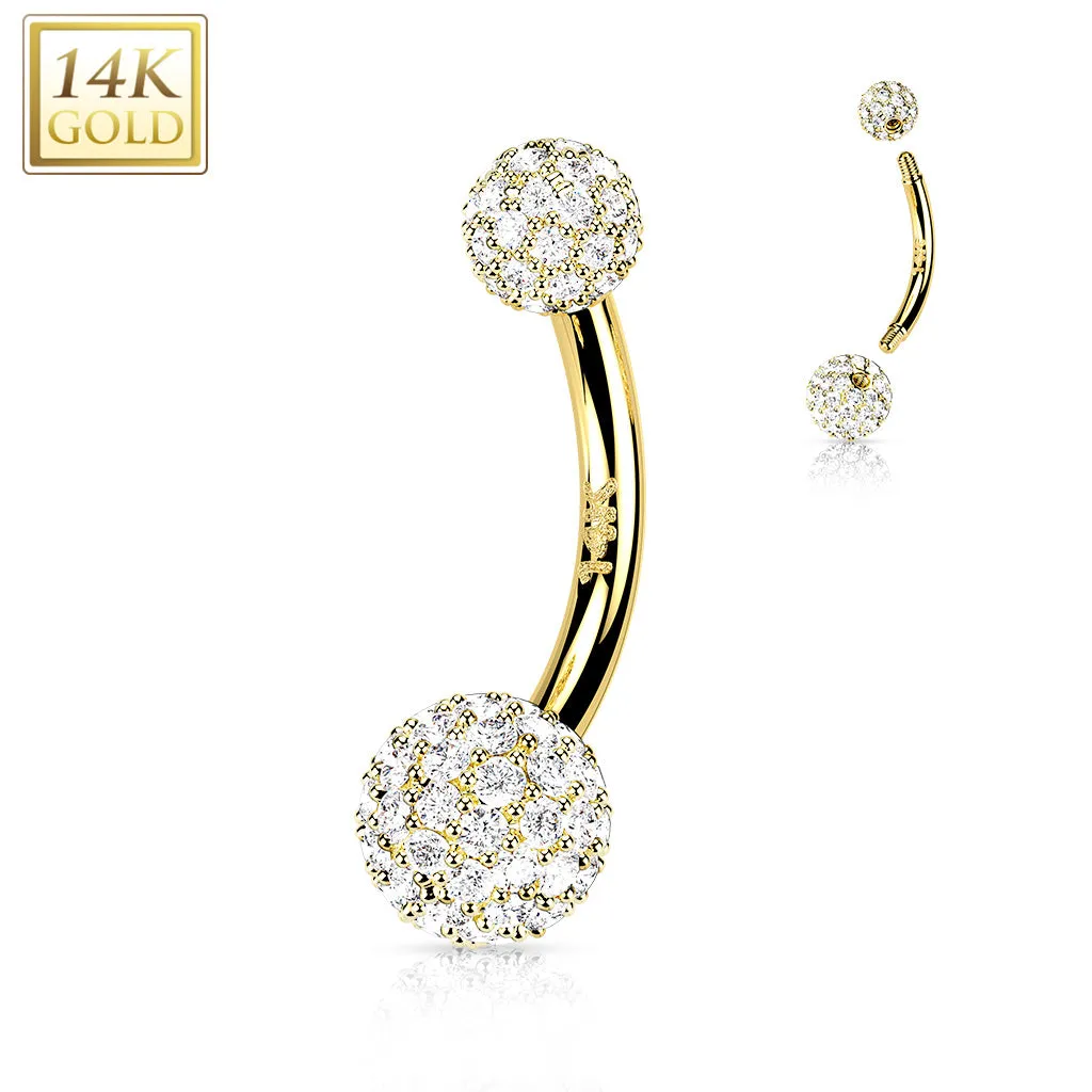 14k Solid Gold Swarovski CZ Paved Ball Ferido Belly Ring
