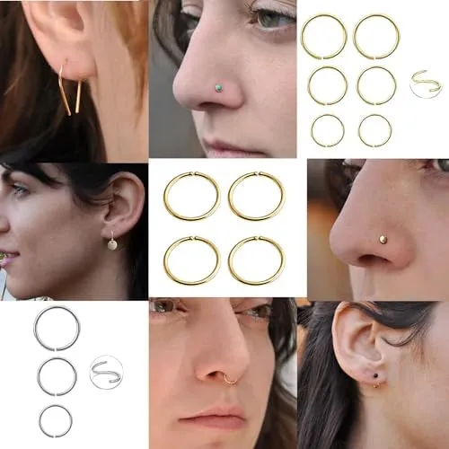 3 Pair Set Nose Rings Hoop Cartilage Small Hoops Earrings Set for Women Tragus Septum Helix Thin Multiple Piercing (14K Gold Filled, 5-6-7 mm | 3 Pairs/ 20 GA)