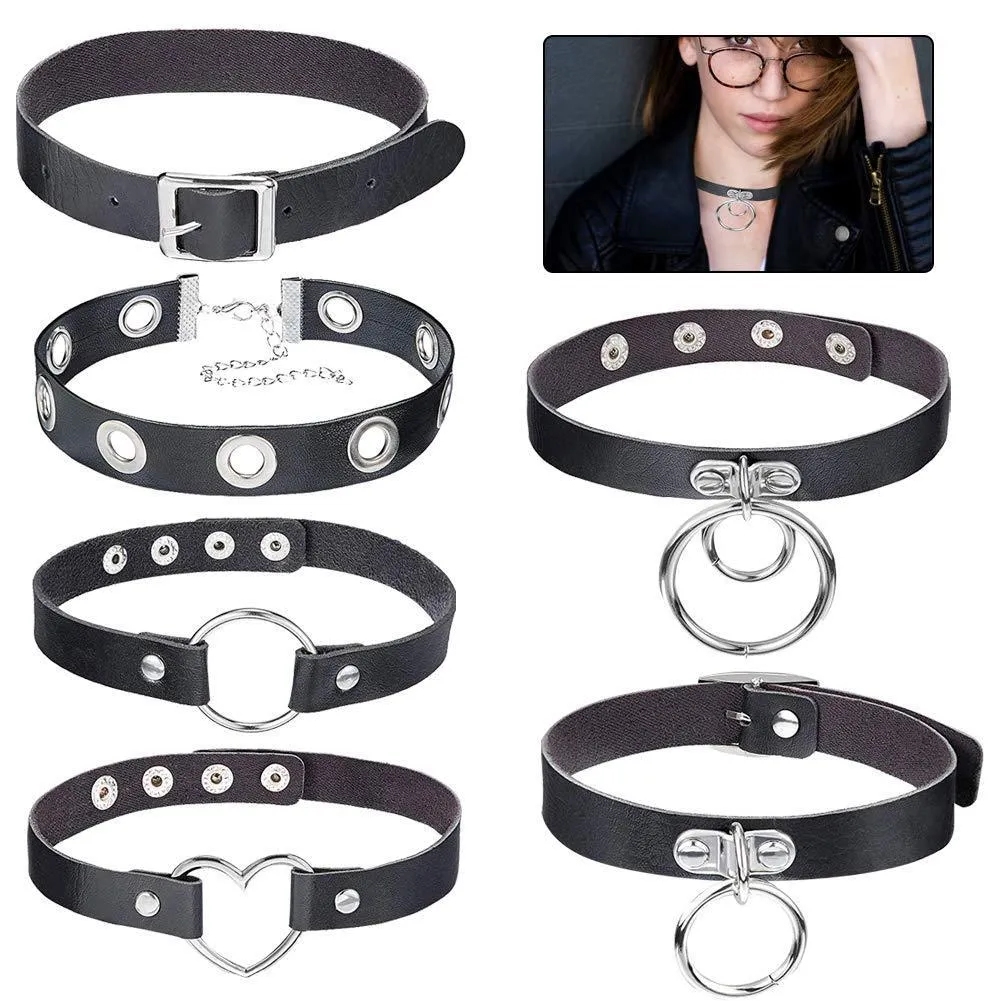 BEHAHAI 6 PCS Black Leather Choker O Ring Vintage Gothic Punk Choker Fancy Dress Rock Choker Necklace PU Leather Collar Choker For Women Men Accessory