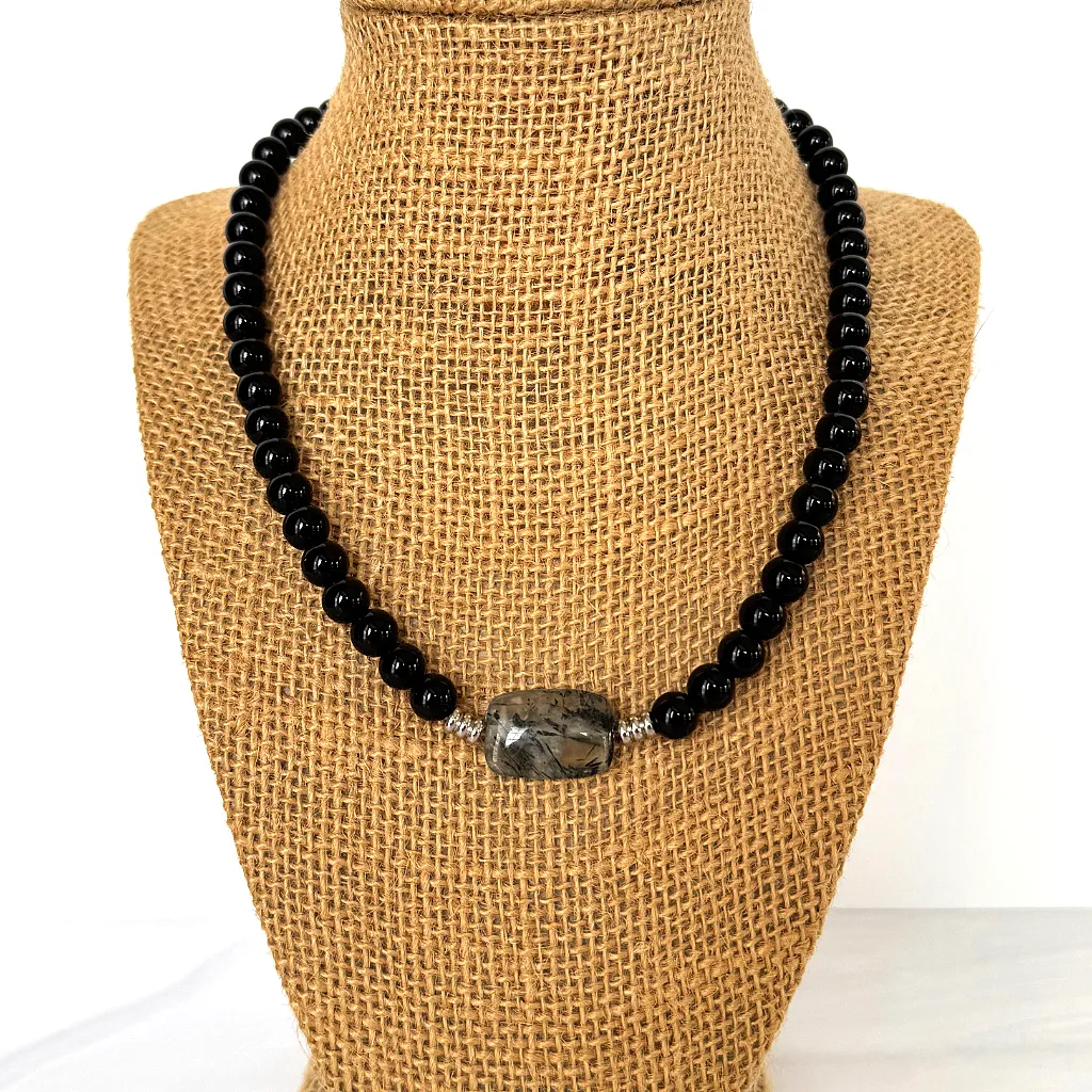 Black Onyx and Prehnite Stone Mens Beaded Necklace