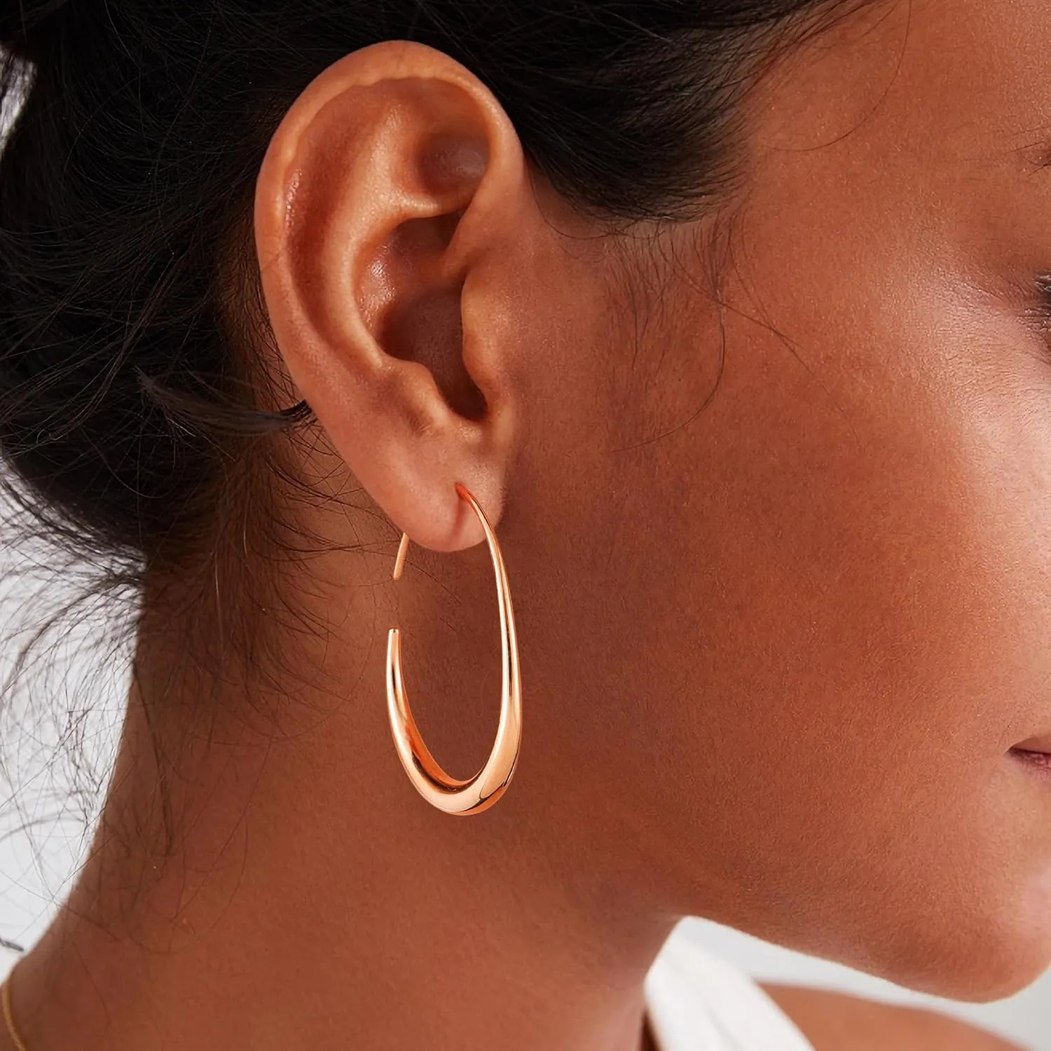Gacimy Teardrop Hoop Earrings for Women, 14K Gold Plated Oval Pull Through Hoop Earrings for Women, Gold Drop Hoop Earrings for Women