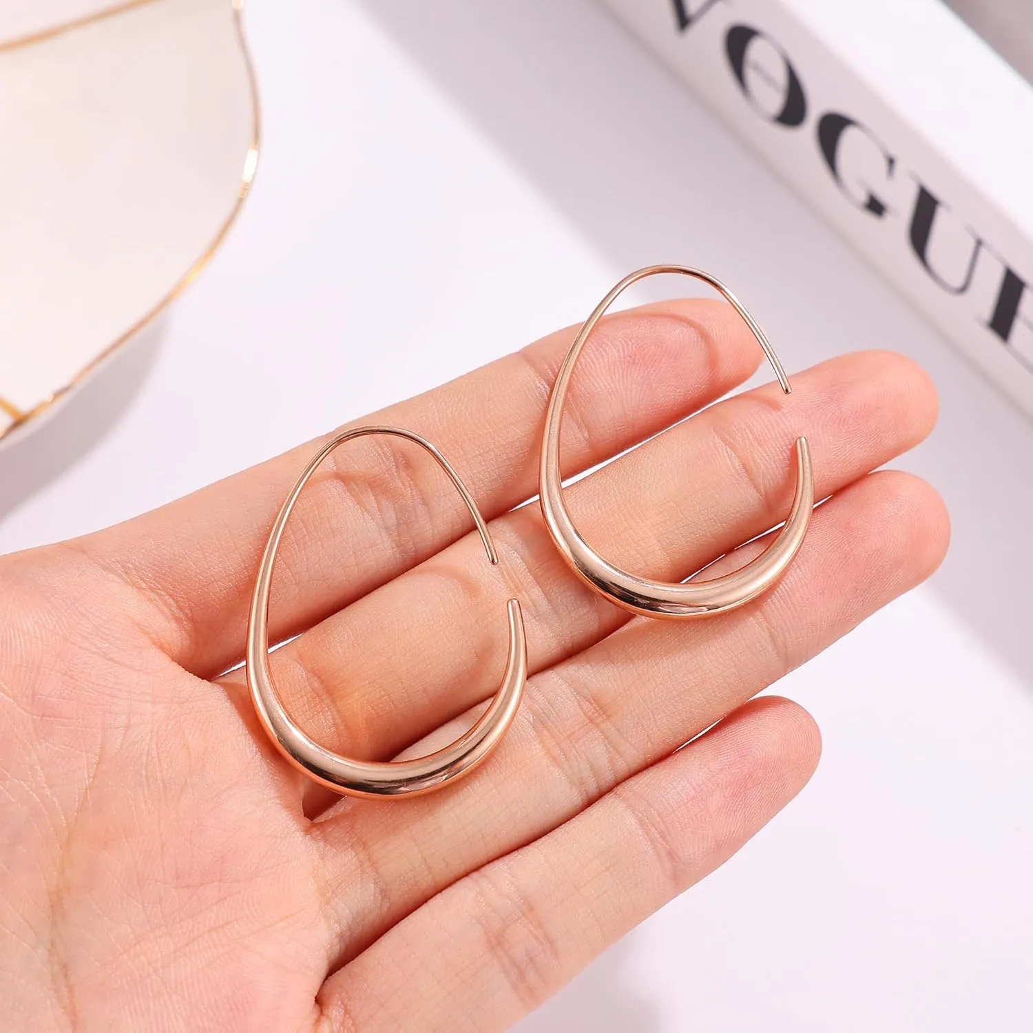 Gacimy Teardrop Hoop Earrings for Women, 14K Gold Plated Oval Pull Through Hoop Earrings for Women, Gold Drop Hoop Earrings for Women