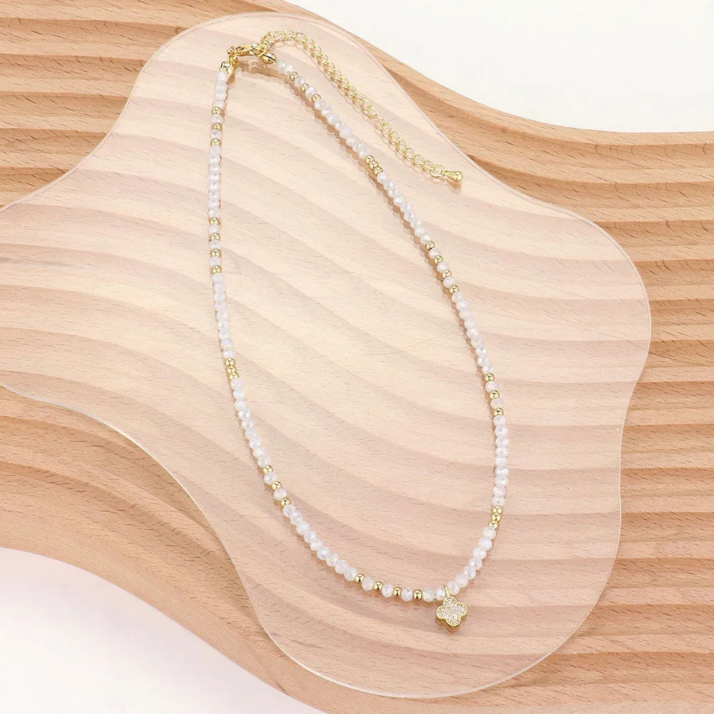 iLLASPARKZ CZ Stone Paved Quatrefoil Pendant Pointed Faceted Beaded Choker Necklace