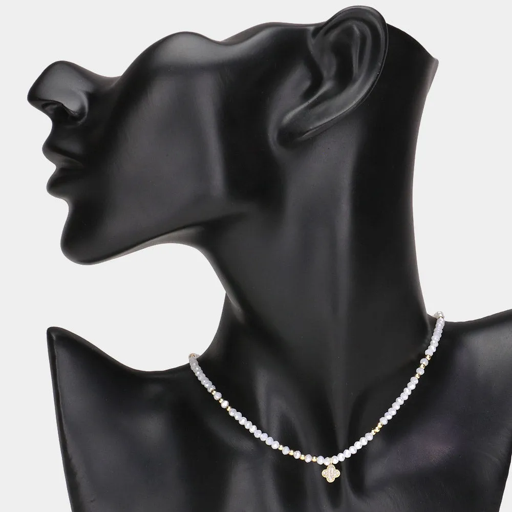 iLLASPARKZ CZ Stone Paved Quatrefoil Pendant Pointed Faceted Beaded Choker Necklace