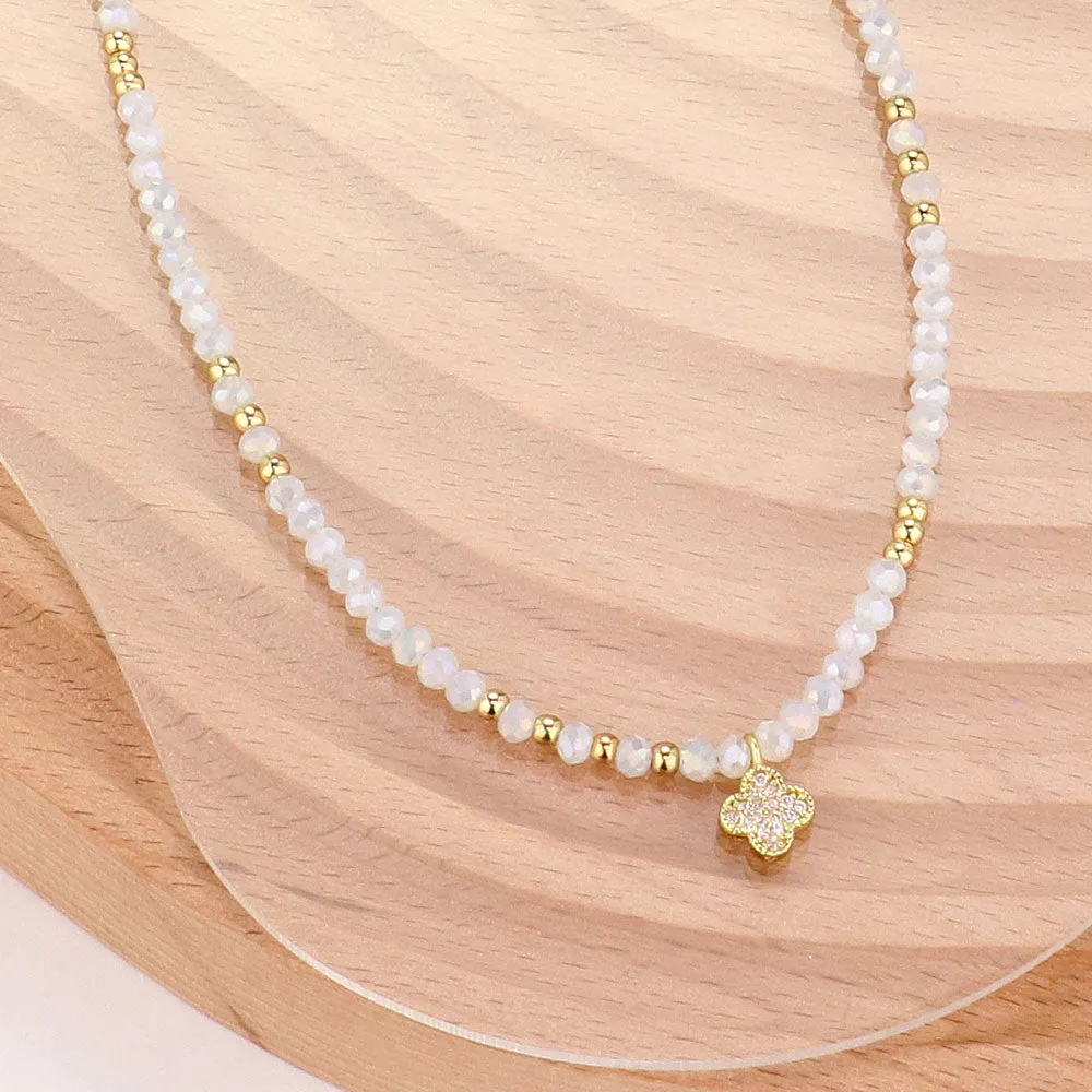 iLLASPARKZ CZ Stone Paved Quatrefoil Pendant Pointed Faceted Beaded Choker Necklace
