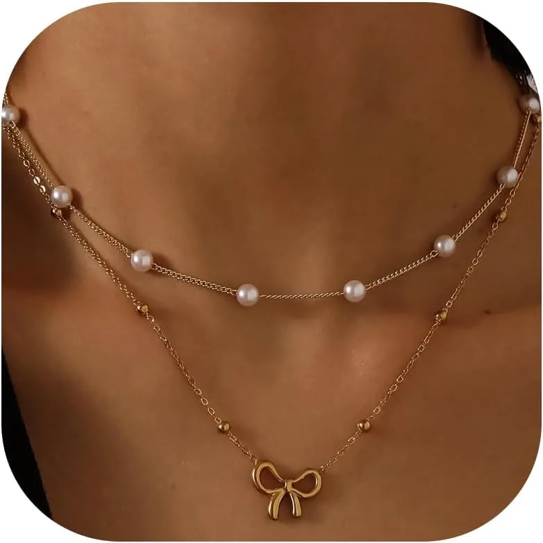 Layered Pearl Necklaces for Women Trendy 14K Gold Plated Pearl Bow Necklace Stack Dainty Pearls Flower Choker Necklaces Mothers Day Gifts Trendy Stuff Wedding Bridal Jewelry
