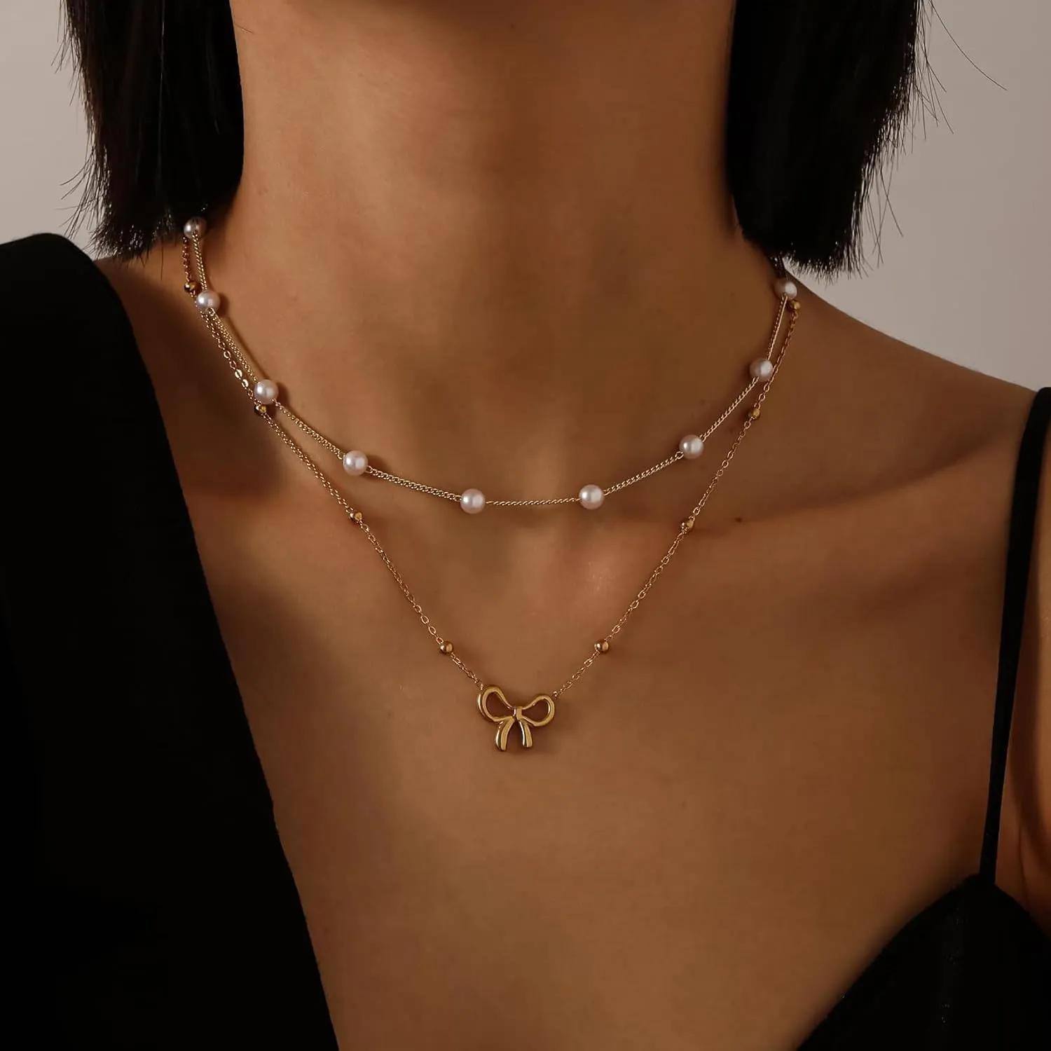 Layered Pearl Necklaces for Women Trendy 14K Gold Plated Pearl Bow Necklace Stack Dainty Pearls Flower Choker Necklaces Mothers Day Gifts Trendy Stuff Wedding Bridal Jewelry