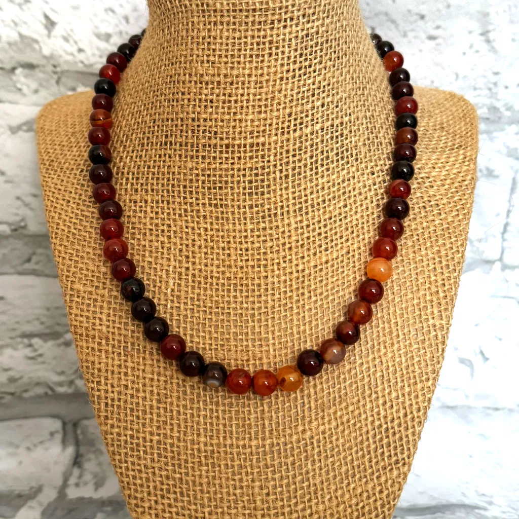 Mens Orange and Black Agate Beaded Necklace