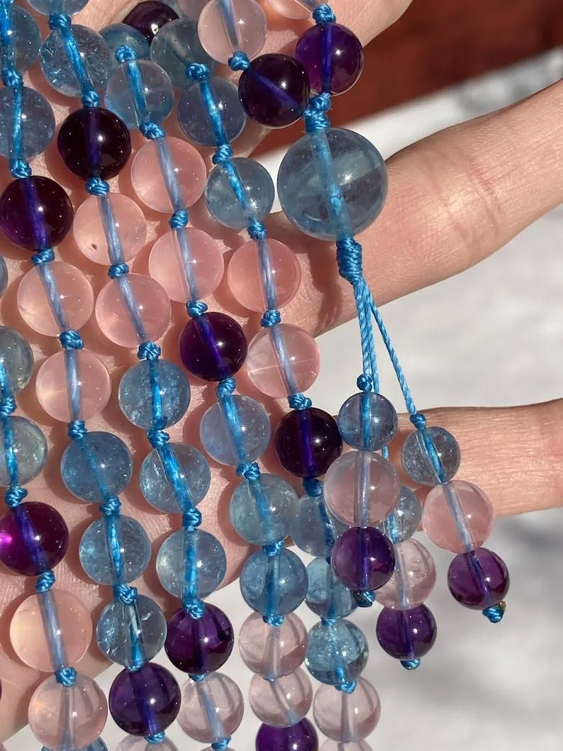 Natural Aquamarine Amethyst Asterism Rose Quarz 8mm 108 Mala Beads, Spiritual, Meditation Beads, Reiki, Japa Mala, Buddhist Prayer Beads, Yoga Bracelet, healing beads LKMALA-RRGU-2990