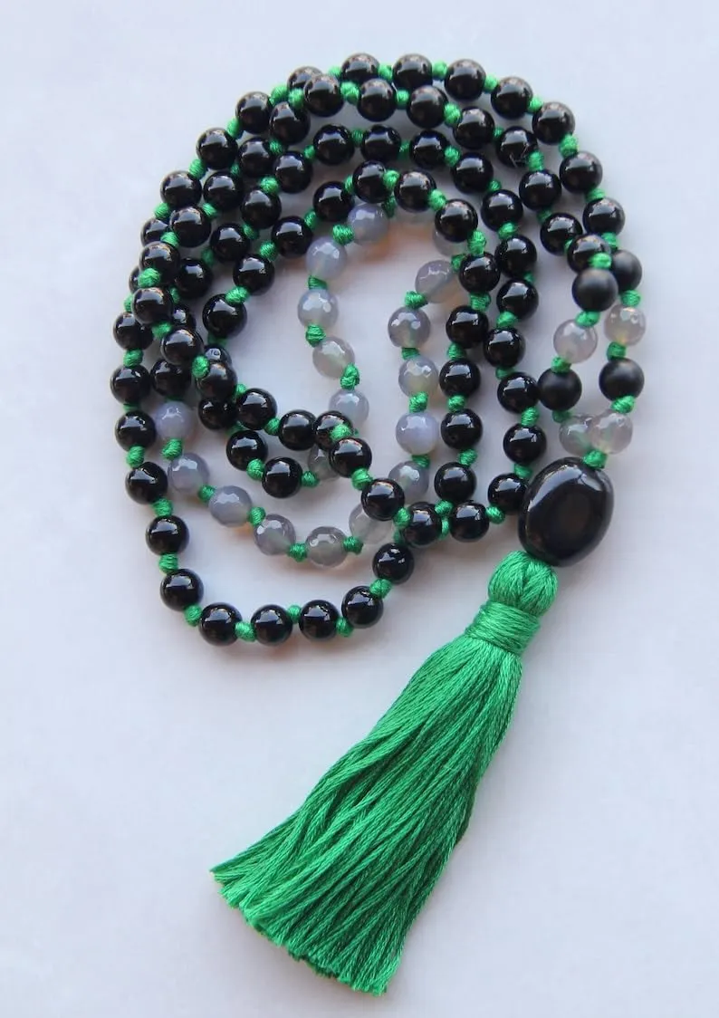 Natural black and grey glass beads 8mm 108 Mala Beads, Spiritual, Meditation Beads, Reiki, Japa Mala, Buddhist Prayer Beads, Yoga Bracelet, healing beads LKMALA-RRGU-2559