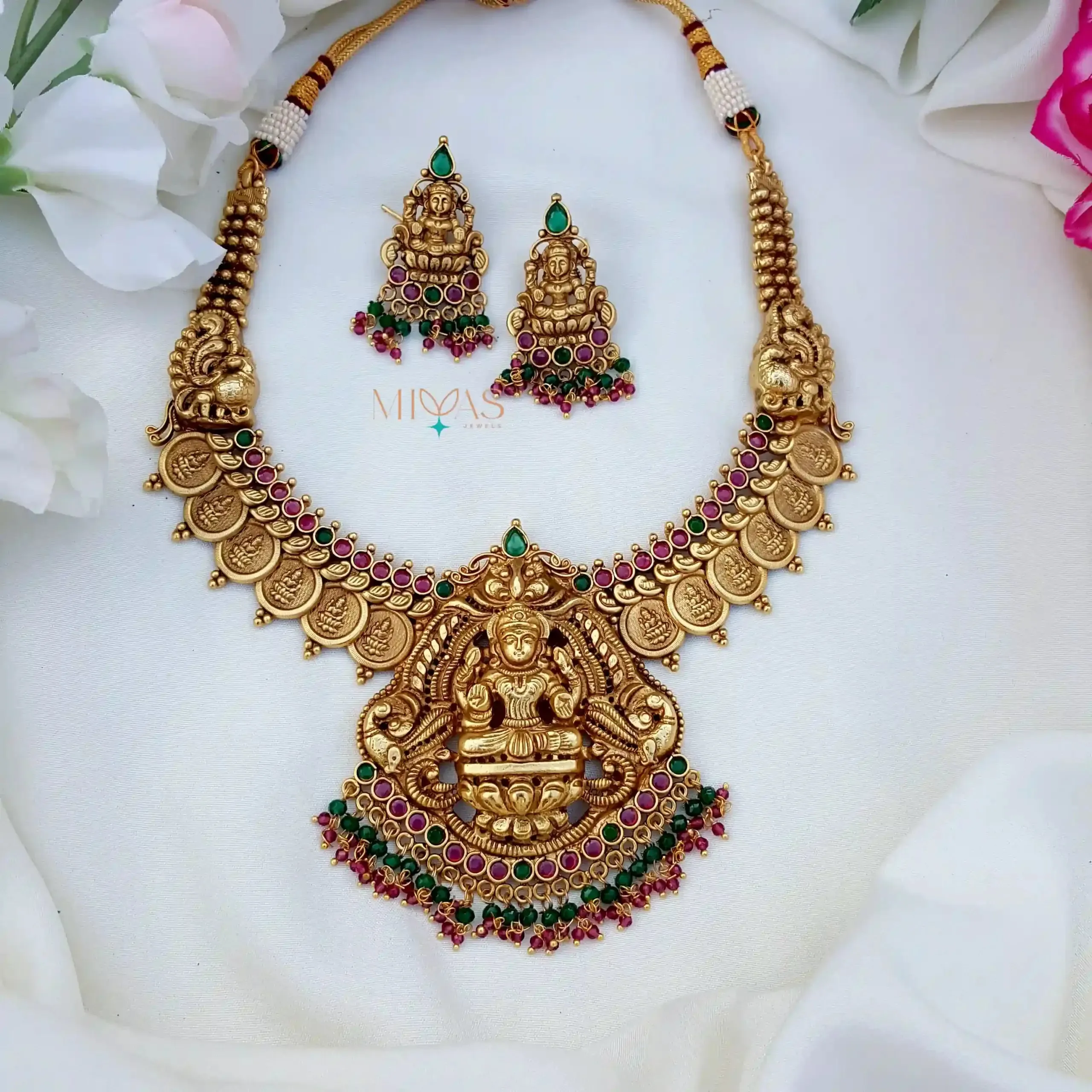 Ruby & Green Stone Temple Lakshmi Coin Necklace
