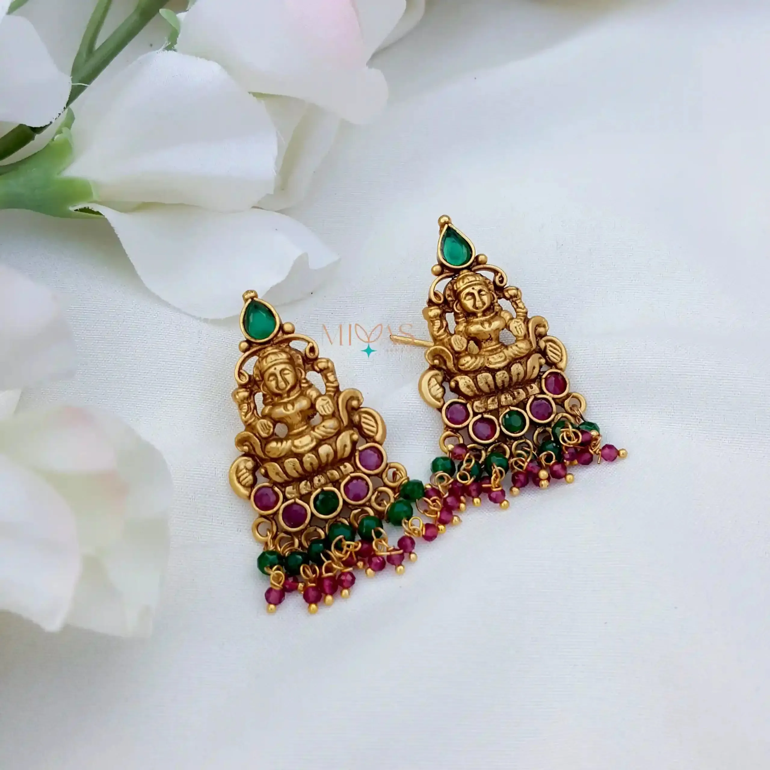 Ruby & Green Stone Temple Lakshmi Coin Necklace