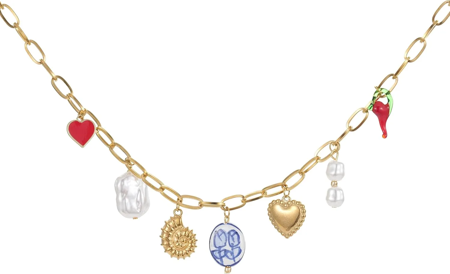 Trendy Stainless Steel Gold Plated Charm Necklace with Heart Pearl Pepper Conch Ceramic Pendant Necklace for Women Collares Chokers Jewelry